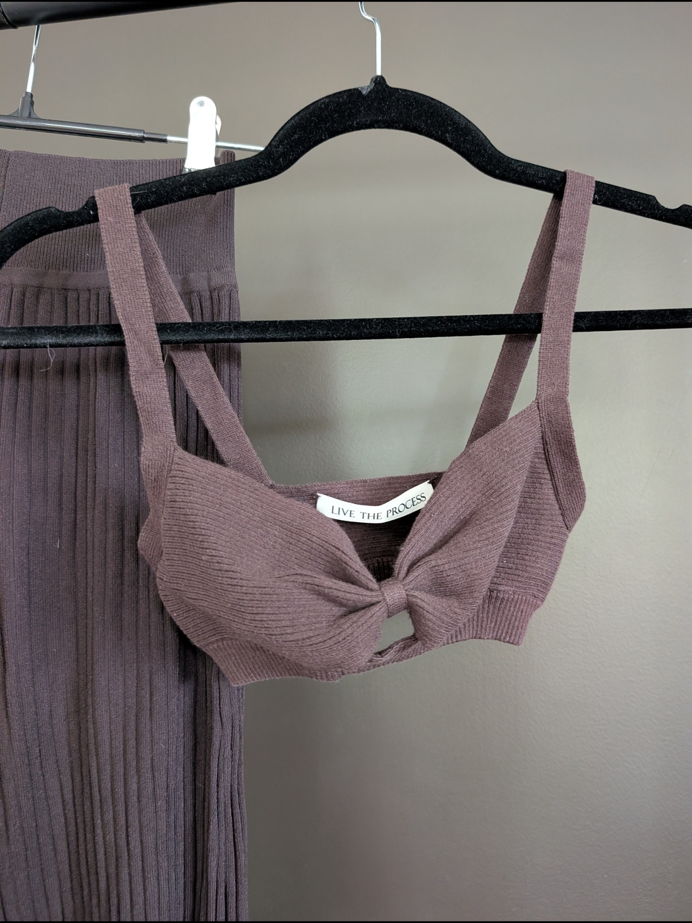 Live The Process Brown Knit Twist Bralette and Ribbed Pant Set